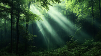 Obraz premium Dense forest with tall trees and lush green foliage, illuminated by sunrays filtering through the canopy, creating a serene and tranquil natural atmosphere.