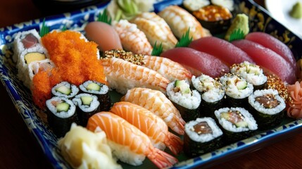 Assorted Sushi Rolls and Nigiri on Blue and Gold Plate