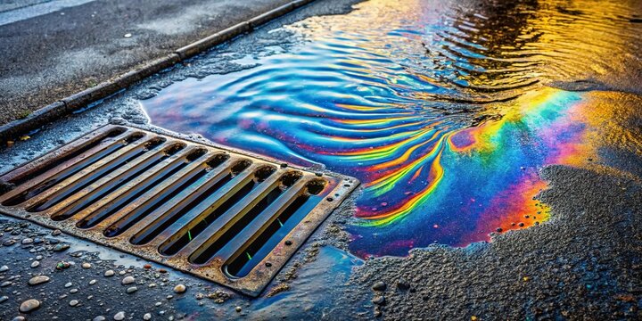 Oil slick flowing into storm drain on asphalt road