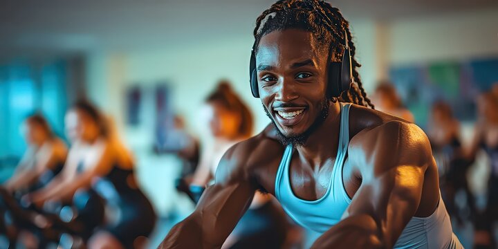 Cycling instructor leads an energetic spin class in a brightly lit gym, motivating participants through a high-energy workout session in a fitness-focused environment.