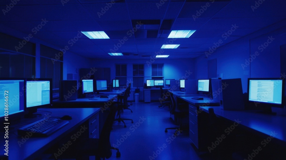 Poster code-filled screens glow in the dimly lit modern computer lab, casting a blue hue over rows of desks