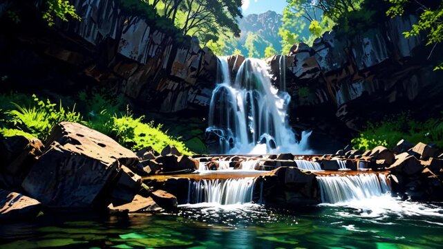 2D Animation of waterfall with crystal clear water