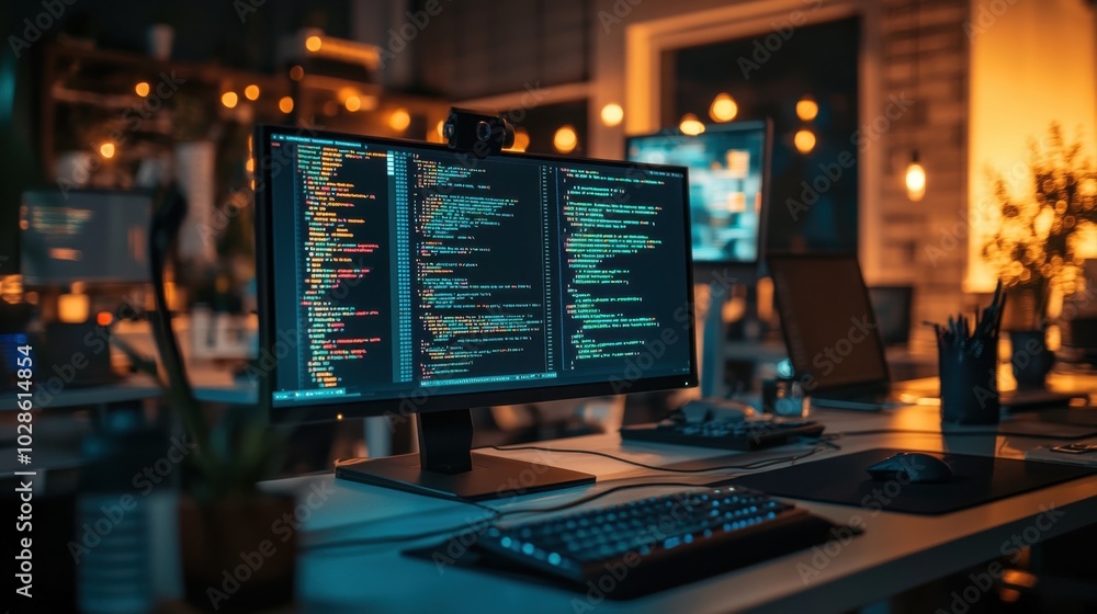 Poster computer monitors showcasing code illuminate the darkened lab, blue light reflecting off desks in a 