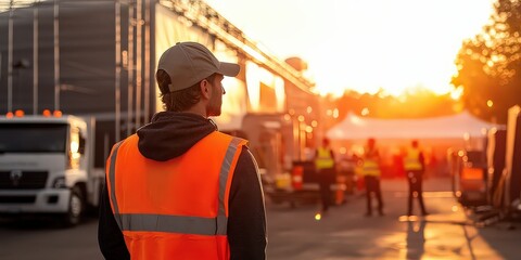  Worker in reflective vest supervising event setup at sunrise. Trucks, tents, and crew create a bustling environment, with soft morning light casting a warm glow.