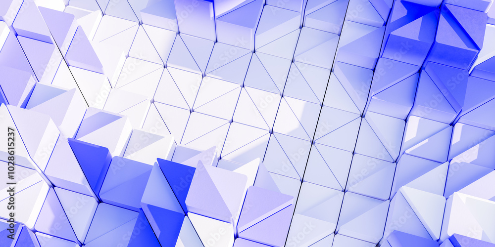 Poster modern abstract design featuring chaotic arrangement of blue white 3d rendering cubes pyramids geome
