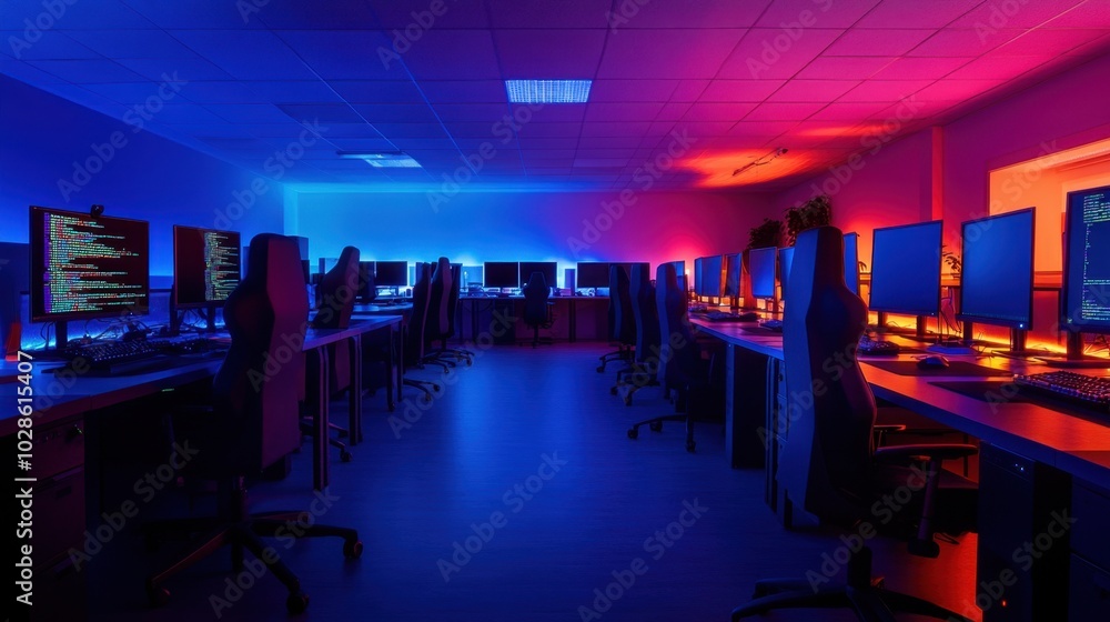 Poster dark computer lab with rows of desks, blue light from monitors displaying code illuminates the space