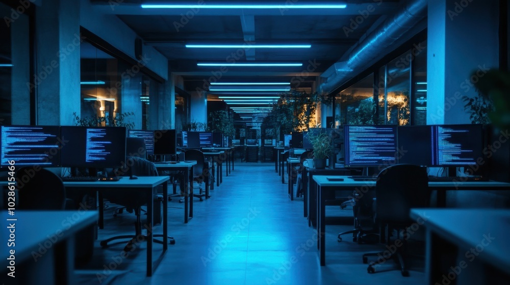 Poster dark computer lab with rows of desks, blue light from monitors displaying code illuminates the space