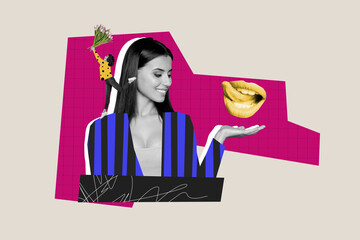 Creative collage picture young cheerful woman smile hand palm mouth tongue lick flowers blossom...