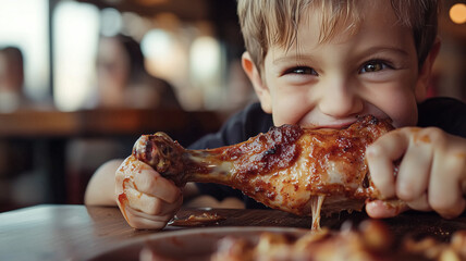 American child enjoying a roasted chicken leg piece