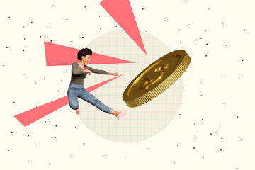 Creative collage picture young energetic girl fight kick karate martial arts golden coin dollar...