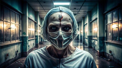 Creepy figure with surgical mask in abandoned hospital

