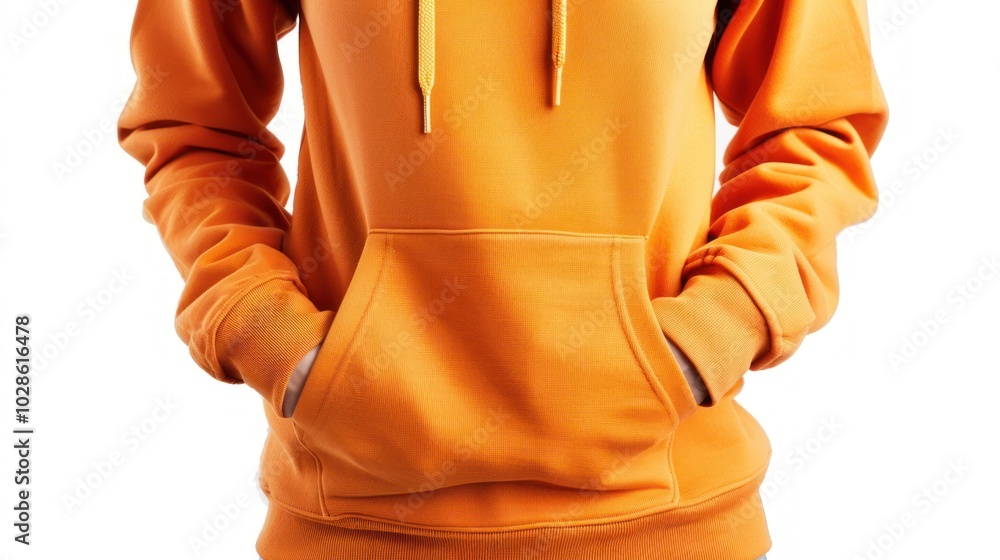 Sticker Close-up of a Bright Orange Hoodie with Yellow Drawstrings and a Kangaroo Pocket