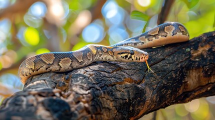 Naklejka premium A Burmese Python with Tongue Extended, Resting on a Tree Branch