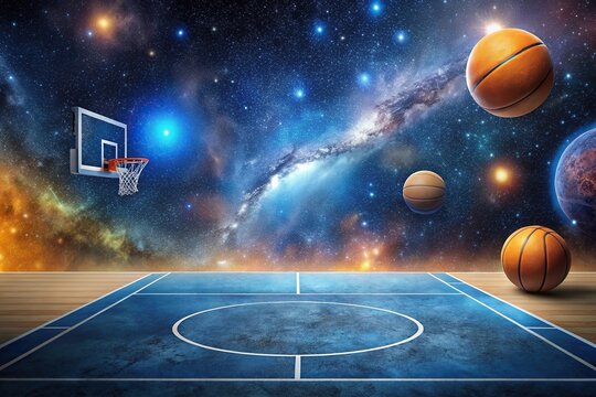 Orange and blue basketball court in space with stars and planets