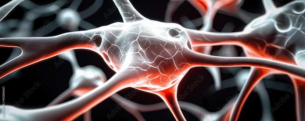 Poster close-up view of neurons with intricate connections on a dark background.