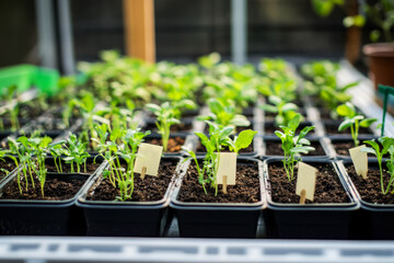 Vibrant Seedling Trays with Young Plants in Greenhouse