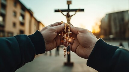 Person holding a rosary in front of a crucifix with a blurred urban background during sunset.