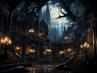 Obraz premium Gothic library interior with mysterious atmosphere representing intrigue and darkness in cool colors