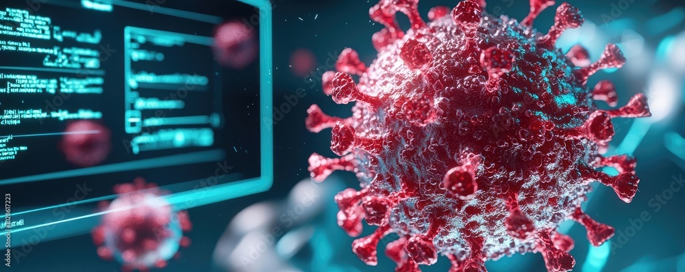 Poster virus model with data code, glowing details, isolated background.