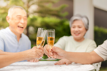 A group of people clink champagne glasses together in a celebratory toast. The image conveys joy, celebration, and togetherness in an outdoor setting, symbolizing special moments and shared happiness.
