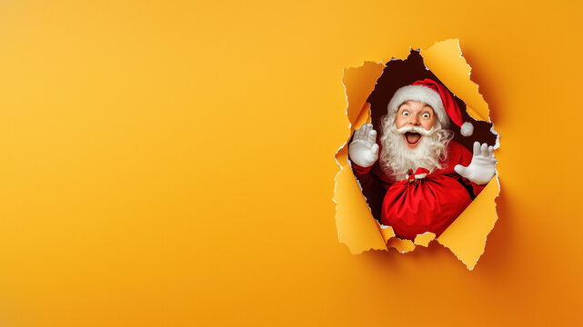 Expressive Santa Claus peeking through yellow wall