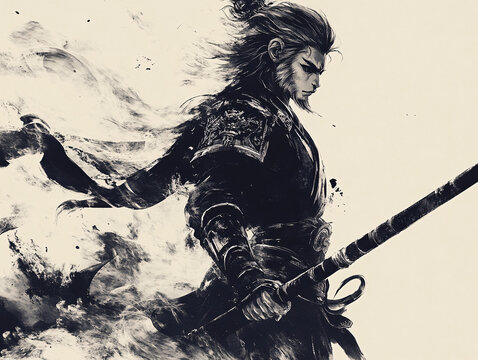 Sun Wukong the Monkey King warrior in a dynamic pose, wielding a sword and surrounded by a fiery, swirling energy.