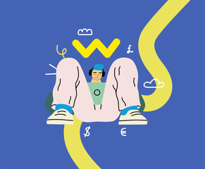 Creative workspace, modern flat vector concept illustration of a man working sitting with a computer with headphones Remote work, flexibility, independence, efficiency, mobility, synergy, freedom