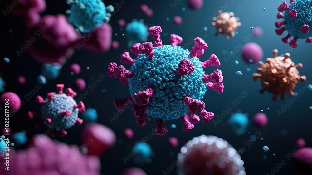 Poster 3d rendering of virus particles in colorful detail on a dark background.