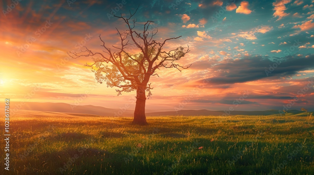 Wall mural a serene scene with a lone tree in a green field, sunset casting warm light on mountains and clouds,