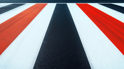 Abstract view of a race track with alternating red, white, and black painted stripes.