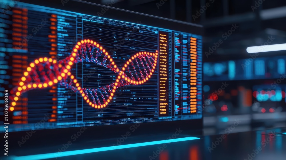 Poster digital representation of dna structure on a modern display screen.