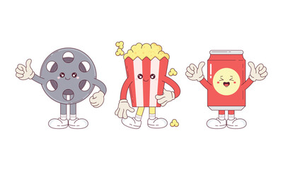 Set of Cute Toon Retro Groovy Movie and Cinema Mascot Cartoon Character Illustration.