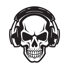 Obraz premium skull with headphones headset earphones smiling scary stylish black isolated on white vector logo tattoo style stamp icon for tee shirt high quality print business music industry