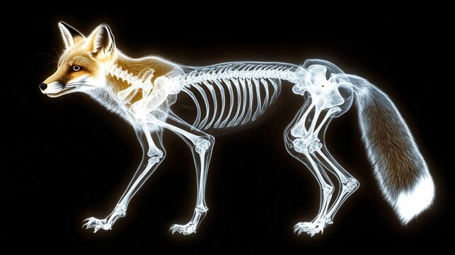 X-ray image of a fox's glowing skeleton, showing detailed bone structure and agile frame, fox X-ray, emphasizing small predator anatomy