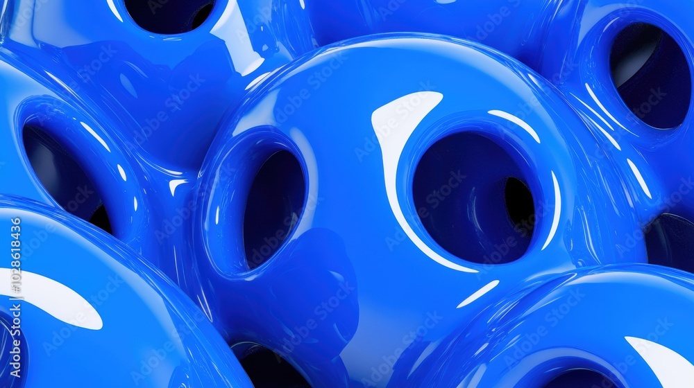 Poster close-up of glossy blue spherical abstract shapes with hollowed-out sections, creating a futuristic 