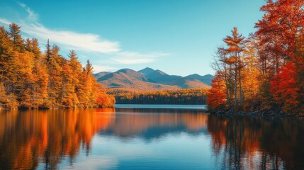 Fototapeta premium A scenic view of a calm lake with colorful trees and mountains in the background.