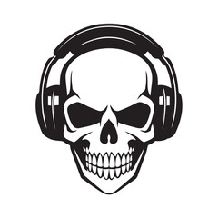 skull with headphones headset earphones smiling scary stylish black isolated on white vector logo tattoo style stamp icon for tee shirt high quality print business music industry