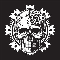 skull skeleton head settings technical design illustration gauge screws cracked logo halloween intricate high details black vector isolated on white for tee shirt high quality prints tattoo style