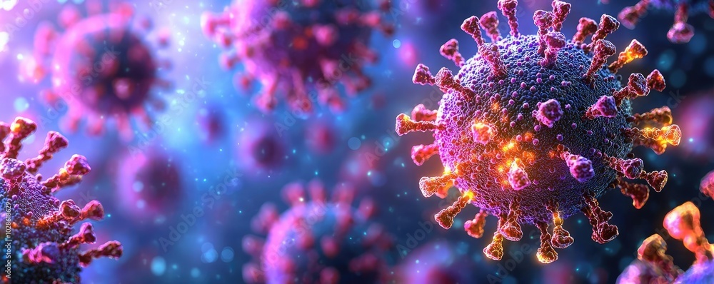 Poster microscopic view of virus particles on a colorful background.
