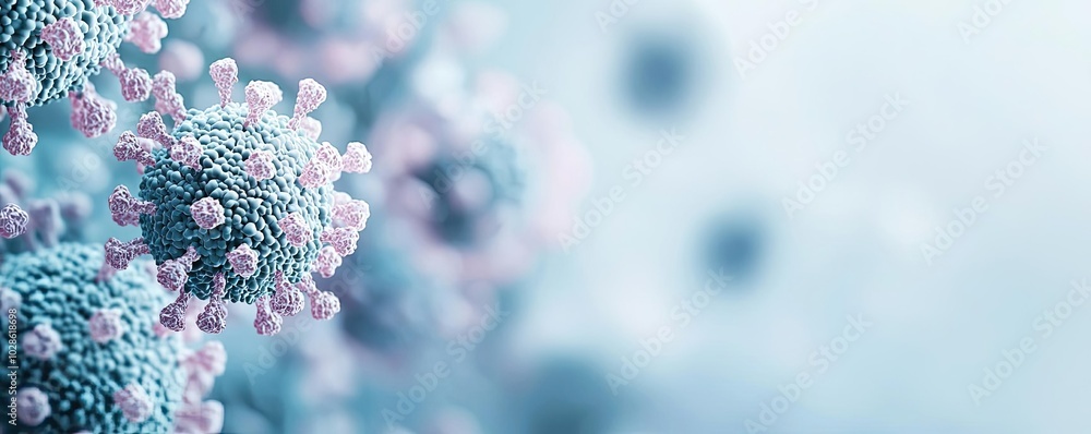 Poster close-up of virus particles on a soft-focus background, illustrating microbial structure.