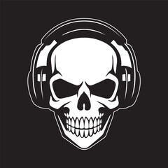 skull with headphones headset earphones smiling scary stylish black ad white isolated on black vector logo tattoo style sticker stamp icon for tee shirt high quality print business music industry