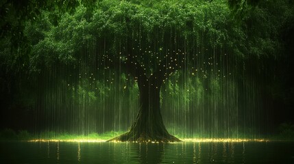 big tree with green leaves on black background, with rain and green lights, abstract background, illustration, wallpaper