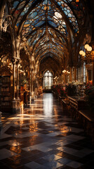 Fototapeta premium Gothic library interior with magical atmosphere representing elegance and inspiration in vibrant colors