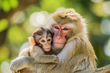 Mother japanese macaque monkey cuddling baby monkey