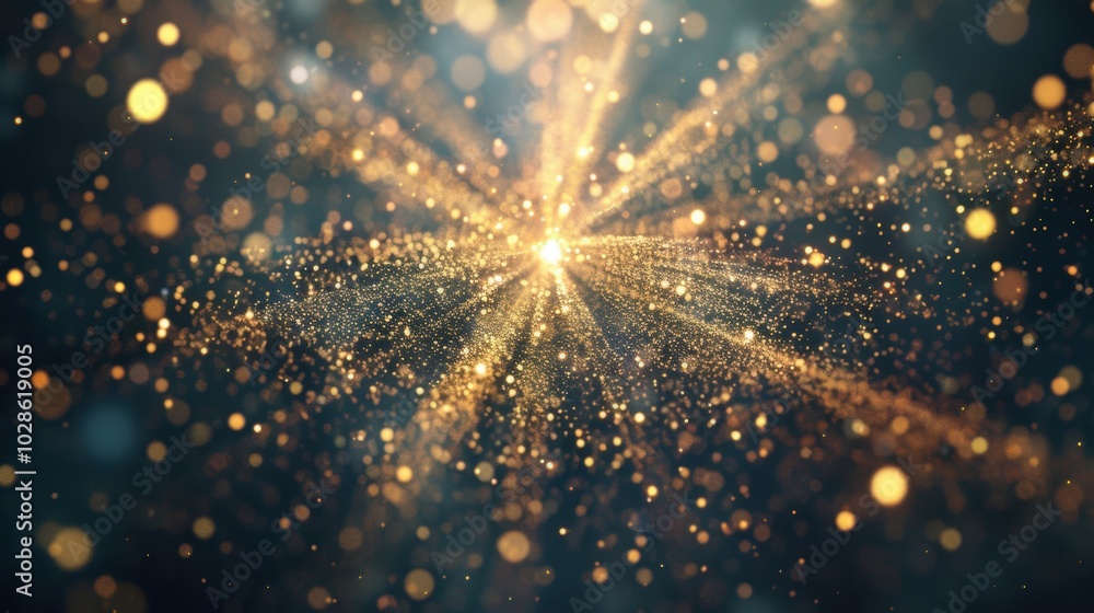 Poster an abstract image featuring shimmering golden light particles spreading in a dark background, creati