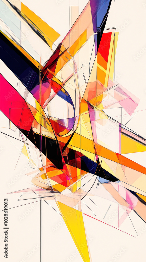 Poster abstract composition featuring dynamic intersecting shapes and vibrant colors
