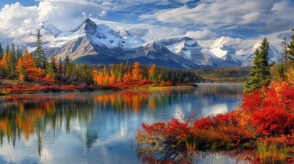 Autumnal Reflections of Snow-Capped Mountains in a Serene Lake