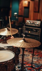 Obraz premium Drum cymbal and stand in a recording studio.