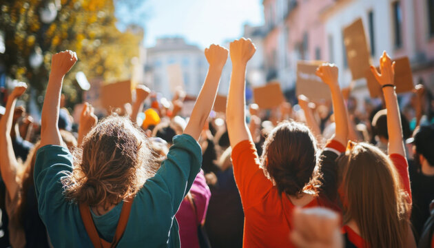 Group of people raising fists in a protest march for human rights