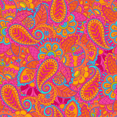 Seamless pattern of indian paisey floral motifs. Colorful repeating pattern
